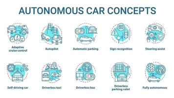 Autonomous car concept icons set. Car robotic features. Driverless vehicles. Electronic technology in safe driving idea thin line illustrations. Vector isolated outline drawings. Editable stroke