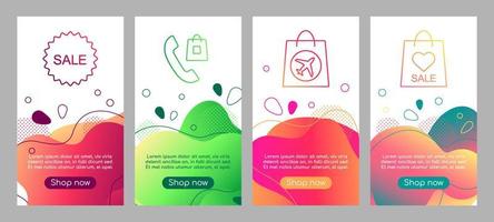 Online shop abstract fluid mobile app screen mockup set. Internet store bubble web banner, social media stories, website with buttons colorful design. Webpages template and liquid gradient shapes vector