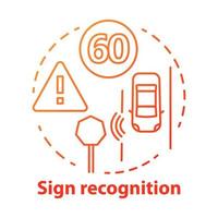 Sign recognition concept icon. Traffic signs detection. Smart car on road. Sensor technologies for safe driving idea thin line illustration. Vector isolated outline drawing. Editable stroke