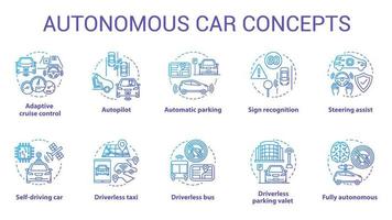 Autonomous car concept icons set. Car robotic features. Driverless vehicles. Electronic technology in safe driving idea thin line illustrations. Vector isolated outline drawings. Editable stroke