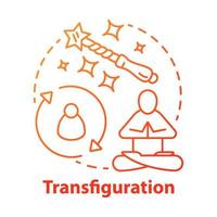 icono del concepto de transfiguración. hechicería y brujería idea ilustración de línea delgada. alteración de la apariencia, hechizo de transformación. varita mágica y dibujo de contorno aislado del vector del monje meditante