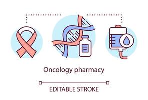 Pharmacy concept icon. Oncology medication research idea thin line illustration. Discovering drugs for cancer. Biotechnology and pharmacology. Vector isolated outline drawing. Editable stroke