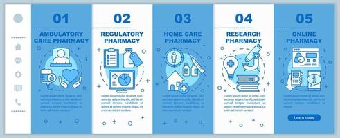 Pharmacy types onboarding mobile web pages vector template. Ambulatory care. Responsive smartphone website interface idea with linear illustrations. Webpage walkthrough step screens. Color concept