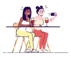 Selfie flat vector illustration. Two smiling women at table with wine glasses taking self photo on smartphone camera. Friends meeting isolated cartoon character on white background