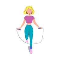 A toned girl does exercises with a skipping rope in sportswear. Flat vector illustration on a white isolated background. Image for sports centers and banners.