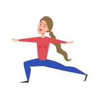 Cute slim woman in Virabhadrasana II or Warrior Pose. Woman standing in yoga asana. Hatha yoga posture. Girl performing gymnastics exercise during fitness workout. Vector illustration.