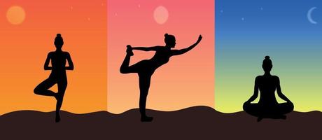 Yoga set at sunrise background, dawn sky with moon and stars. Silhouette of a woman practicing yoga. Flat vector illustration