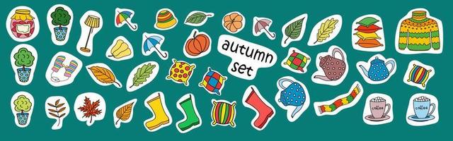 autumn set sticker pack. A variety of cozy items. warm clothes, leaves umbrella, boots. vector