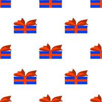 Seamless pattern of gifts in blue boxes with red ribbon. vector