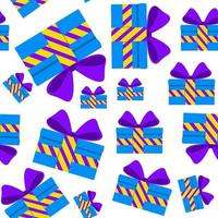 Seamless pattern of gifts in blue boxes with purple ribbon. Surprise with a beautiful bow. vector