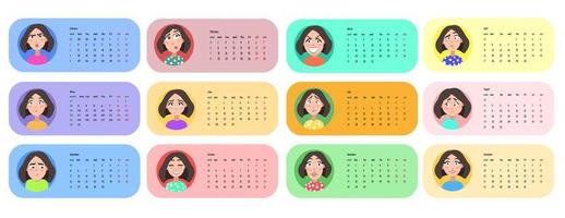 perfil de usuario femenino. calendario para 2021 durante 12 meses. vector