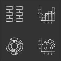 Chart and graph chalk icons set. Data connection, wiring. Process steps, progress stages. Mixed chart. Sunburst radial diagram. Scatter bubble chart. Business. Isolated vector chalkboard illustrations