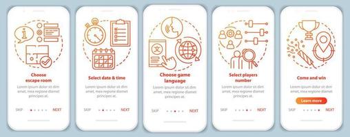 Escape room booking tutorial onboarding mobile app page screen with linear concepts. Choose quest date. Red alkthrough steps graphic instructions. UX, UI, GUI vector template with illustrations