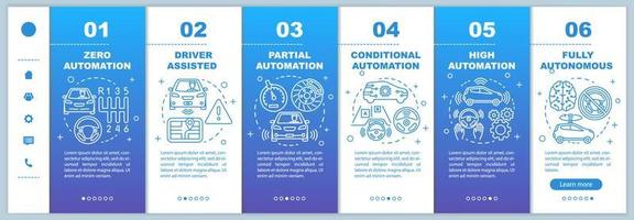 Etapas de automóviles sin conductor que incorporan plantillas vectoriales de páginas web móviles. idea de interfaz de sitio web de teléfono inteligente sensible con ilustraciones lineales. pantallas de pasos del tutorial de la página web. concepto de color vector