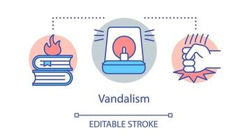 Vandalism concept icon. Civil unrest, public property damage, violent protest idea thin line illustration. Burning books, police siren and fist vector isolated outline drawing. Editable stroke