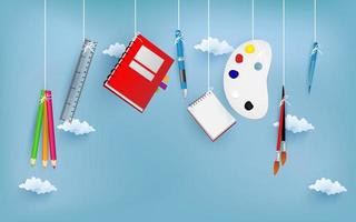 back to school with school equipment hanging. blue sky background vector