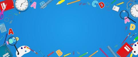 welcome back to school banner background. school supplies on blue background vector