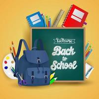 welcome back to school. school supplies on yellow background vector