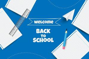 welcome back to school. blue background with paper, pencil and ruler vector