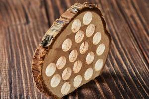 Piece of eucalyptus wood with holes for inhalation for sore throat on wooden background photo