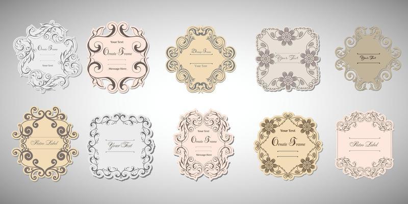 Vintage labels frames art-deco vector image. Vector damask vintage baroque scroll ornament swirl. Victorian monogram heraldic shield swirl.Retro floral leaf pattern border foliage antique  acanthus.