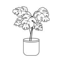 Monstera flower in a pot. Potted plant in black and white line drawing style. Vector illustration isolated on white background