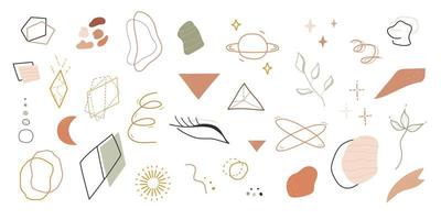 conjunto de elementos celestiales, místicos y abstractos de diferentes formas. ojo dibujado a mano, cristal, hoja, sol, luna, planeta y estrellas. objetos geométricos modernos dibujados a mano. ilustración vectorial vector