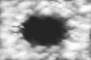 Circle frame of realistic cloud effect. Sky smoke transparent background. Vector spooky design