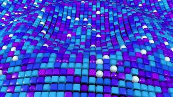 sfondo di cubi e sfere riflettenti di colore blu, bianco e viola che si muovono sotto forma di un'onda. animazione 3D
