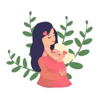 Happy Mother and cute little daughter hugging each other. Happy Mother Day concept. Festive card with green leaves and adorable people. vector