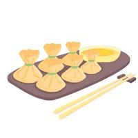 comida tipica china. wontons en un plato con salsa y palillos. vector