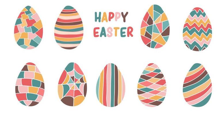 Easter colorful eggs set with different decor on white background