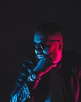 Portrait of bearded man in black leather photo