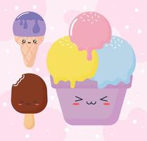 three kawaii ice creams vector