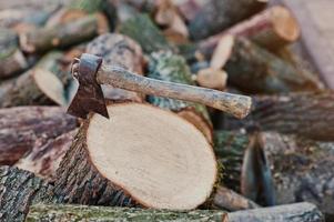 Axe in stump background chopped firewood. photo