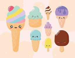 eight kawaii ice creams vector