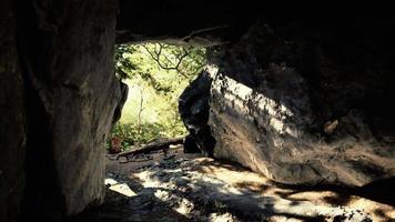 foto tirada de dentro de uma pequena caverna olhando para fora video