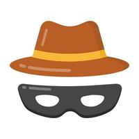 Hacker hat in flat style icon, spy accessories vector