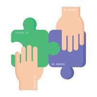 Hands with jigsaw denoting flat icon of teamwork solution vector