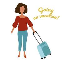 A girl with a suitcase on wheels. The trip into a vacation. Vector. In the style of hand drawing. vector