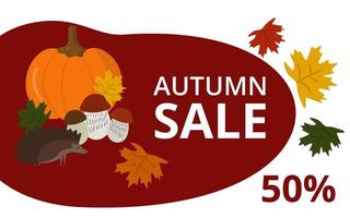 Autumn discounts, banner, poster. Pumpkin, mushrooms, hedgehog, autumn leaves. Vector. In the style of hand drawing. vector