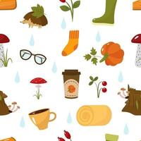 Autumn seamless pattern. Cartoon pictures of a hedgehog, glasses, socks, pumpkin, latte, mushrooms, boots, wood, rose hips, hay. Vector illustration. For design or decoration.