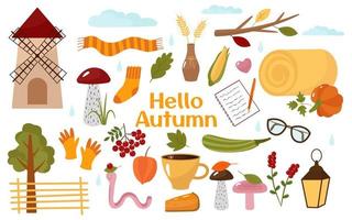 Cozy collection, Hello Autumn. Cartoon pictures pumpkin, mill, mushrooms, coffee, hay, wheat, wood, socks, scarf. Vector illustration. For design or decoration