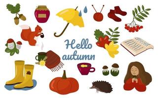 Hello autumn. A set of elements on an autumn theme acorns, Rowan, squirrel, hedgehog, knitting, pumpkin, boots, leaves. vector