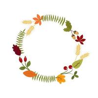 Autumn wreath of leaves, rosehip berries, wheat. Vector illustration isolated. For postcard design, decoration or printing