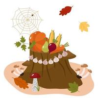 frutas y verduras de otoño en un tocón de bosque. calabaza, maíz, manzanas, peras, champiñones, ajo. ilustración vectorial para un diseño o decoración de postales vector