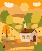 paisaje de vector de casa de pueblo de otoño. campo acogedor, campos, prados, heno, sol, nubes, una cesta de manzanas, caen las hojas. ilustración plana