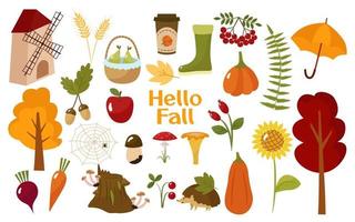 Autumn cozy collection, Hello fall. Cartoon pictures pumpkin, mill, mushrooms, latte, basket, boots, tree, spider web. Vector illustration isolated. For design or decoration