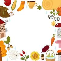 Autumn template for the text in the center. Cartoon pictures with socks, corn, pumpkin, mill, mushrooms, basket, shoes, cobwebs. The vector illustration. For design or decoration.