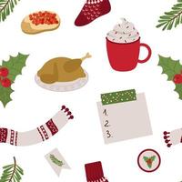 Seamless Christmas pattern with cozy winter elements. Spruce branch, knitted sock, scarf, mittens with cute patterns. Festive vector background of printing on paper, fabric for scrapbooking.